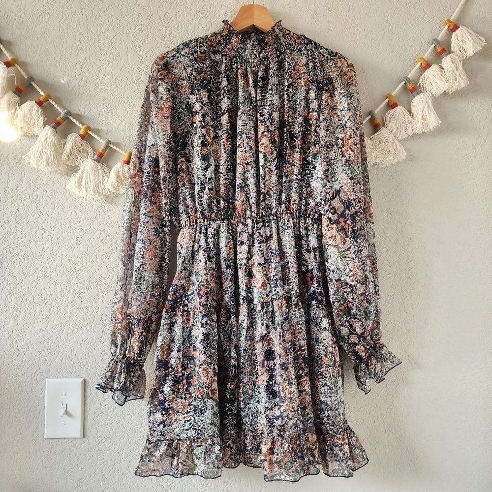 O.P.T Floral Metallic Smock Neck Fit&Flare Long Sleeve Mini Dress Navy Boho M